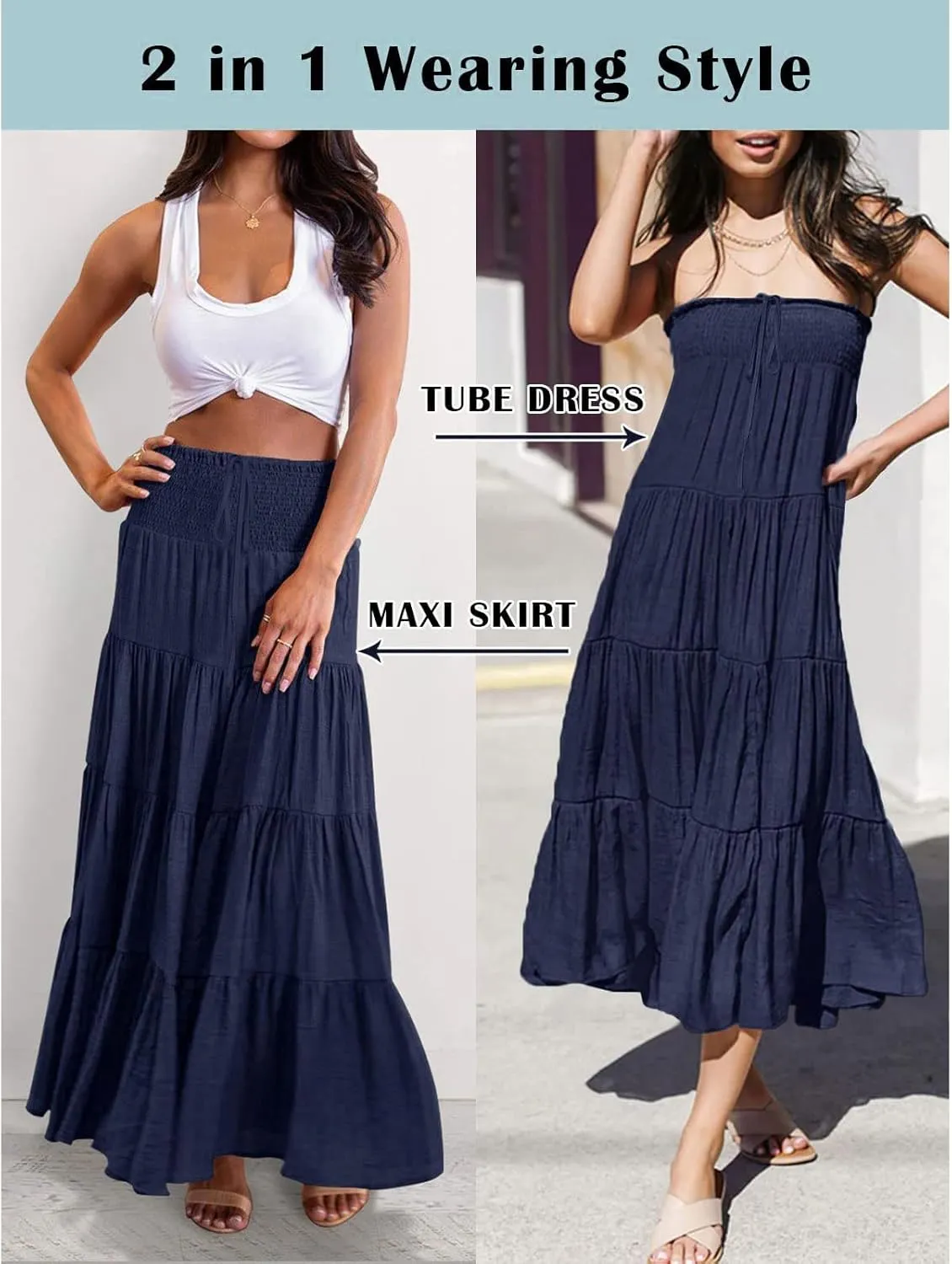 Women's Summer Elastic High Waist Boho Maxi Skirt Casual Drawstring A Line Long Skirt Princess Skirt