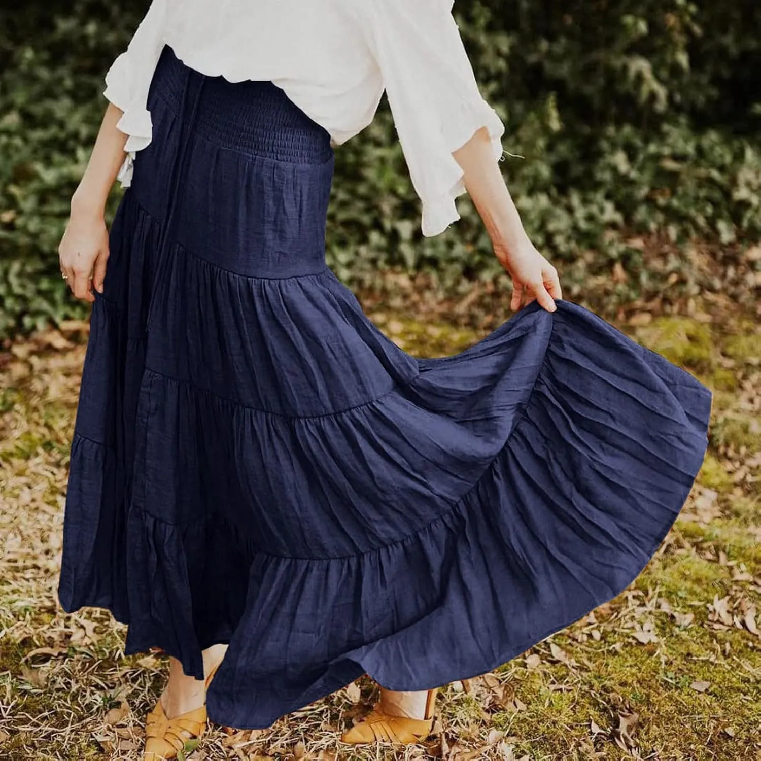 Women's Summer Elastic High Waist Boho Maxi Skirt Casual Drawstring A Line Long Skirt Princess Skirt