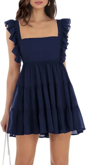 Womens Summer Square Neck Tie Back Ruffle Sleeve Tiered Casual A-Line Short Mini Dress