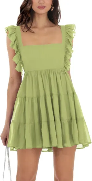 Womens Summer Square Neck Tie Back Ruffle Sleeve Tiered Casual A-Line Short Mini Dress