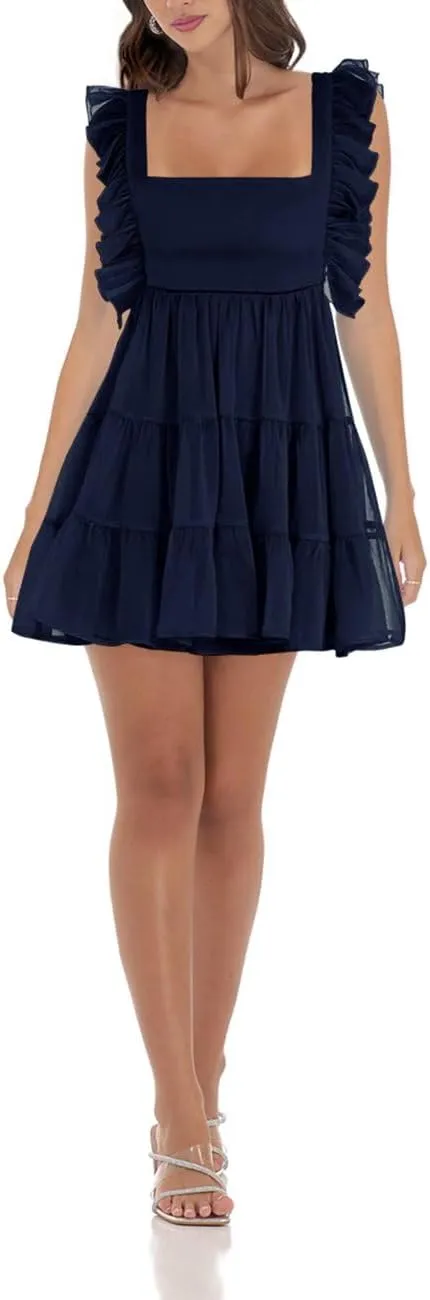 Womens Summer Square Neck Tie Back Ruffle Sleeve Tiered Casual A-Line Short Mini Dress