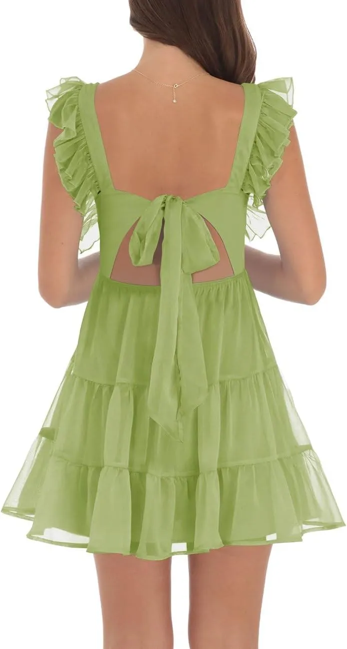 Womens Summer Square Neck Tie Back Ruffle Sleeve Tiered Casual A-Line Short Mini Dress