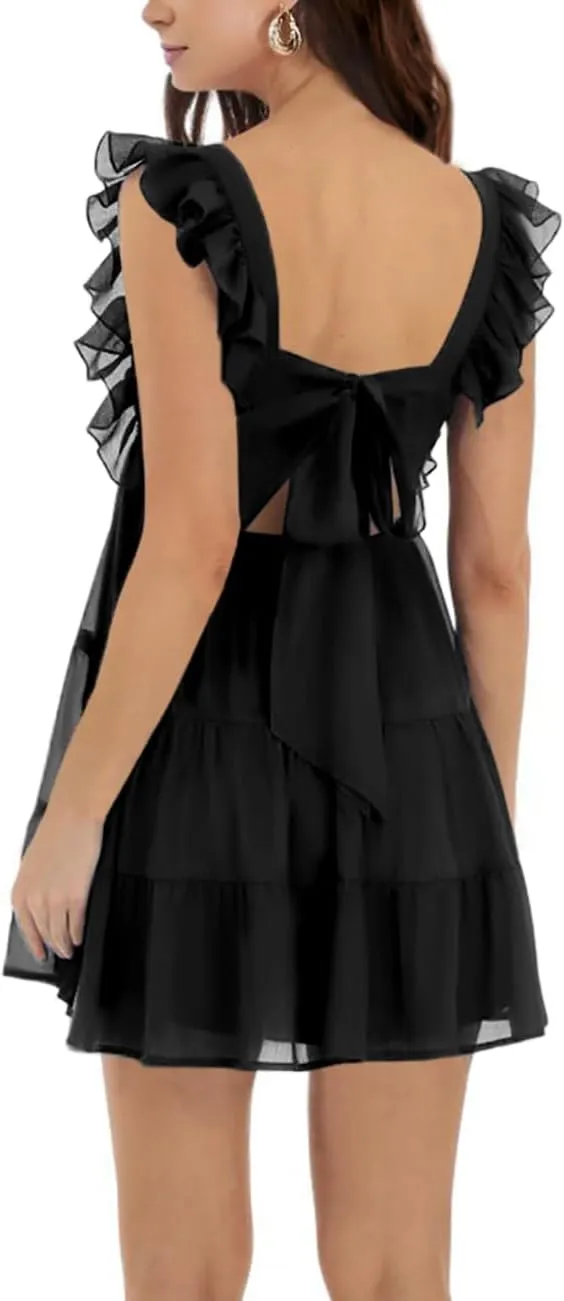 Womens Summer Square Neck Tie Back Ruffle Sleeve Tiered Casual A-Line Short Mini Dress