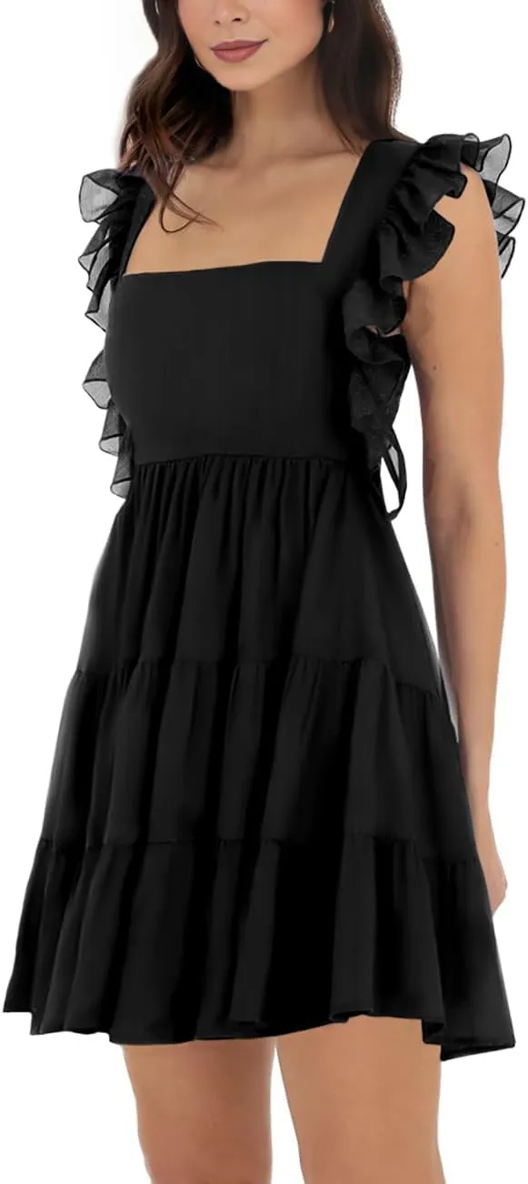 Womens Summer Square Neck Tie Back Ruffle Sleeve Tiered Casual A-Line Short Mini Dress