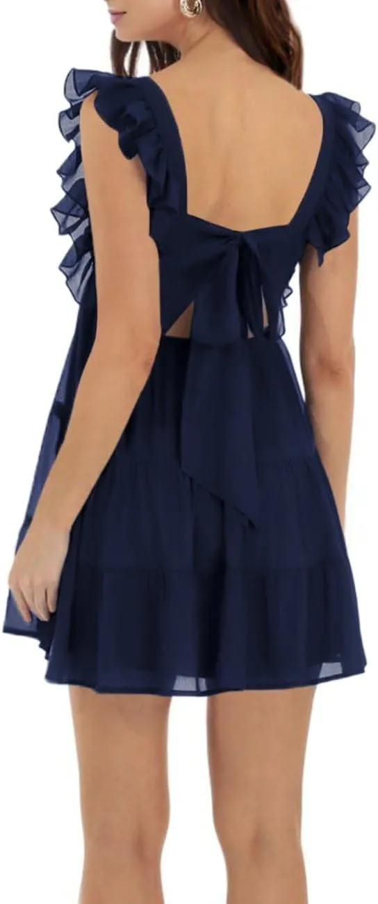 Womens Summer Square Neck Tie Back Ruffle Sleeve Tiered Casual A-Line Short Mini Dress
