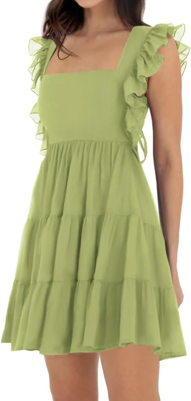 Womens Summer Square Neck Tie Back Ruffle Sleeve Tiered Casual A-Line Short Mini Dress