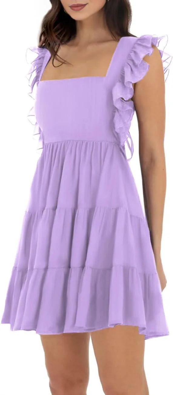 Womens Summer Square Neck Tie Back Ruffle Sleeve Tiered Casual A-Line Short Mini Dress