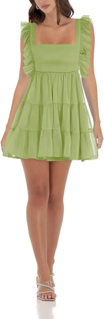 Womens Summer Square Neck Tie Back Ruffle Sleeve Tiered Casual A-Line Short Mini Dress