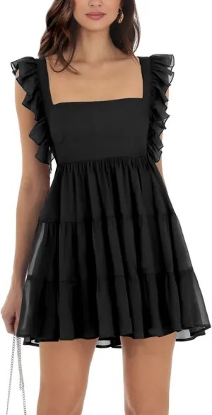 Womens Summer Square Neck Tie Back Ruffle Sleeve Tiered Casual A-Line Short Mini Dress