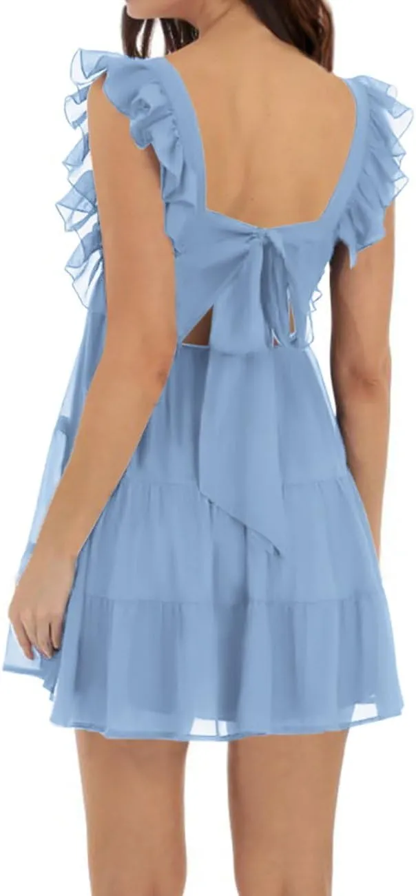 Womens Summer Square Neck Tie Back Ruffle Sleeve Tiered Casual A-Line Short Mini Dress