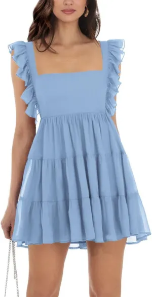 Womens Summer Square Neck Tie Back Ruffle Sleeve Tiered Casual A-Line Short Mini Dress
