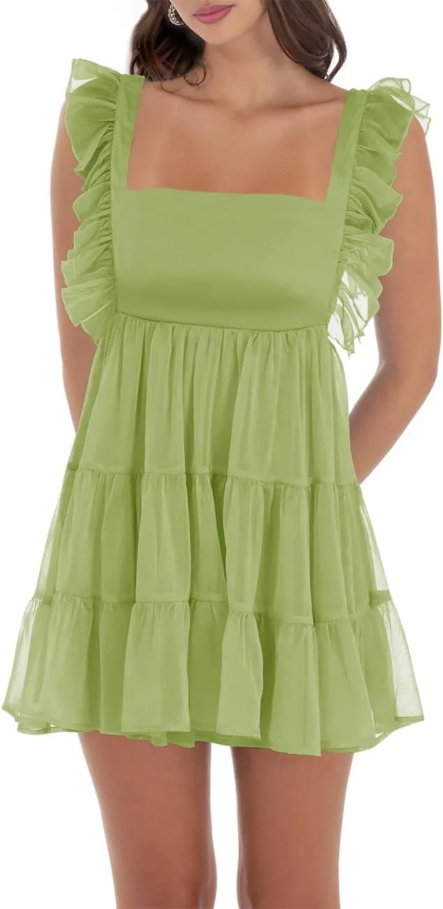 Womens Summer Square Neck Tie Back Ruffle Sleeve Tiered Casual A-Line Short Mini Dress