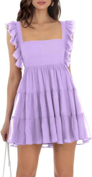 Womens Summer Square Neck Tie Back Ruffle Sleeve Tiered Casual A-Line Short Mini Dress