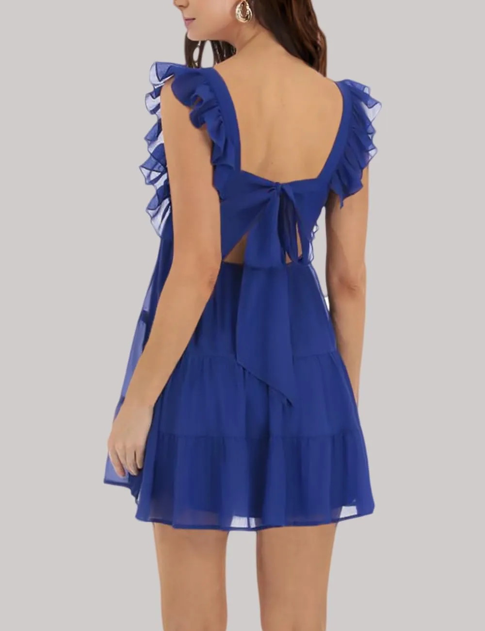 Womens Summer Square Neck Tie Back Ruffle Sleeve Tiered Casual A-Line Short Mini Dress