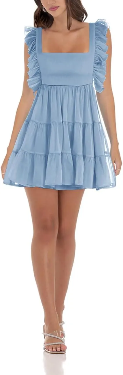 Womens Summer Square Neck Tie Back Ruffle Sleeve Tiered Casual A-Line Short Mini Dress