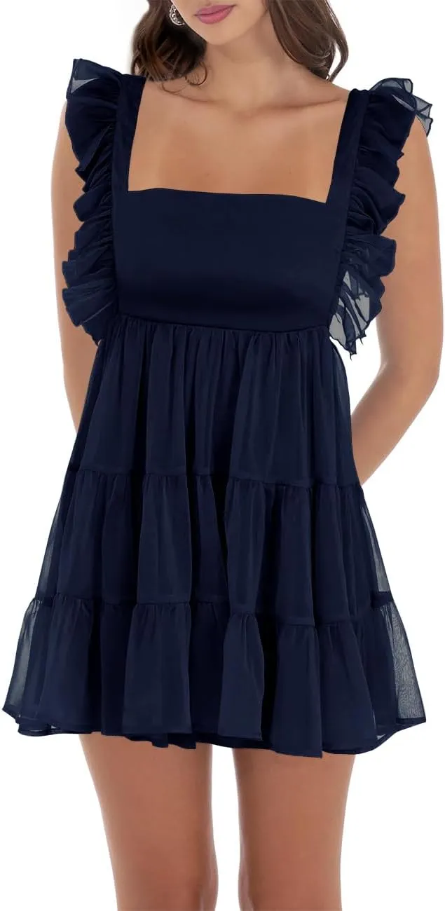 Womens Summer Square Neck Tie Back Ruffle Sleeve Tiered Casual A-Line Short Mini Dress