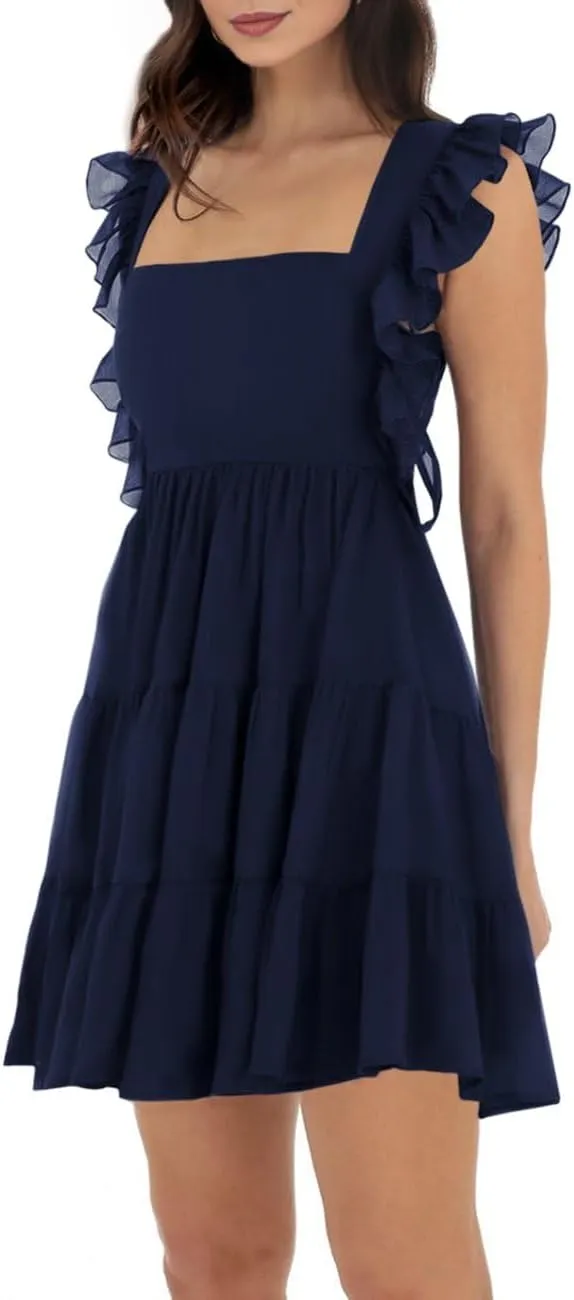 Womens Summer Square Neck Tie Back Ruffle Sleeve Tiered Casual A-Line Short Mini Dress