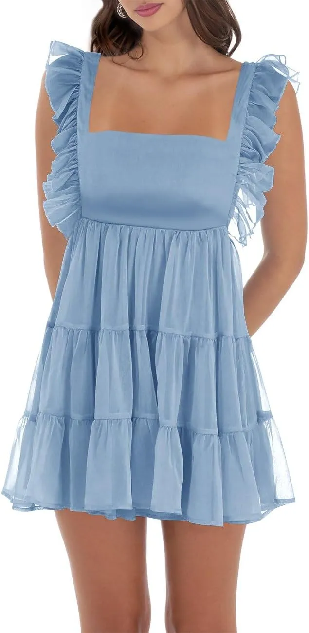 Womens Summer Square Neck Tie Back Ruffle Sleeve Tiered Casual A-Line Short Mini Dress