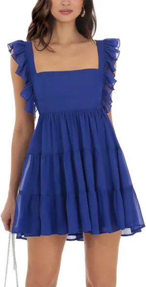 Womens Summer Square Neck Tie Back Ruffle Sleeve Tiered Casual A-Line Short Mini Dress