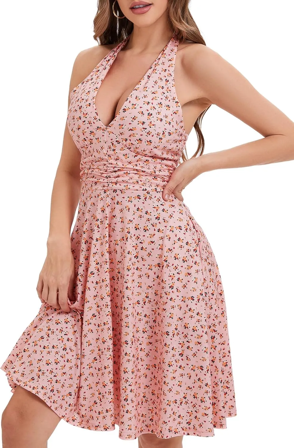 Women's Summer Sundress- 2025 Sexy Halter Sleeveless Spring Boho Elastic Waist Ruffle Mini Dress