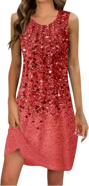Womens Sundresses Summer Midi Tropical Sleeveless Dress U Neck Glam Tank Knee Length Fashion Party Dresses