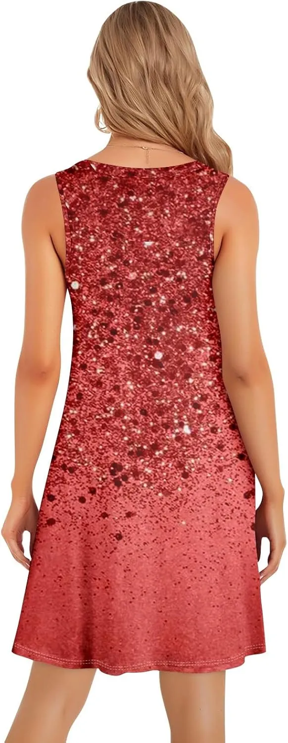Womens Sundresses Summer Midi Tropical Sleeveless Dress U Neck Glam Tank Knee Length Fashion Party Dresses