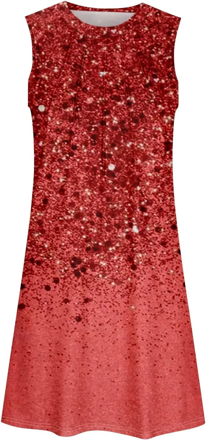 Womens Sundresses Summer Midi Tropical Sleeveless Dress U Neck Glam Tank Knee Length Fashion Party Dresses