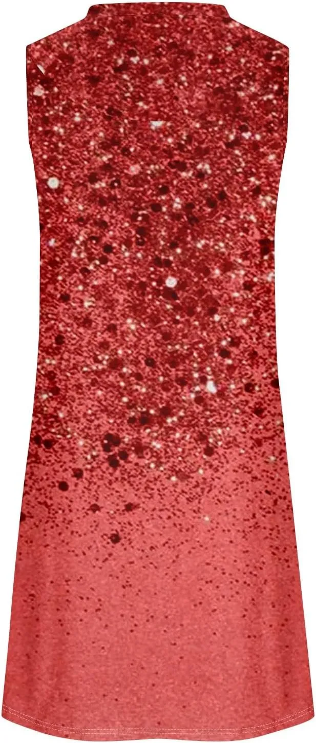 Womens Sundresses Summer Midi Tropical Sleeveless Dress U Neck Glam Tank Knee Length Fashion Party Dresses