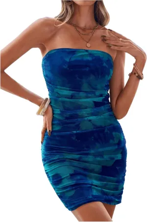 Women's Tie Dye Strapless Backless Bandeau Pencil Dress Knit Mesh Bodycon Tube Dresses Ruched Mini Dress