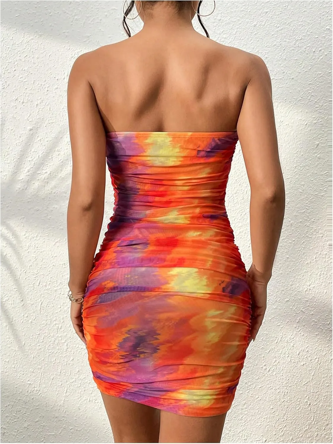 Women's Tie Dye Strapless Backless Bandeau Pencil Dress Knit Mesh Bodycon Tube Dresses Ruched Mini Dress