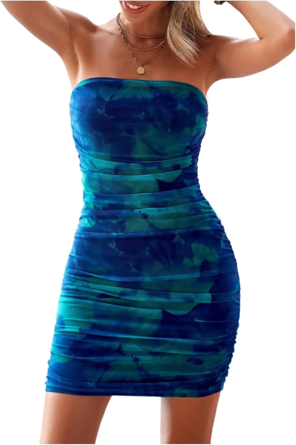 Women's Tie Dye Strapless Backless Bandeau Pencil Dress Knit Mesh Bodycon Tube Dresses Ruched Mini Dress