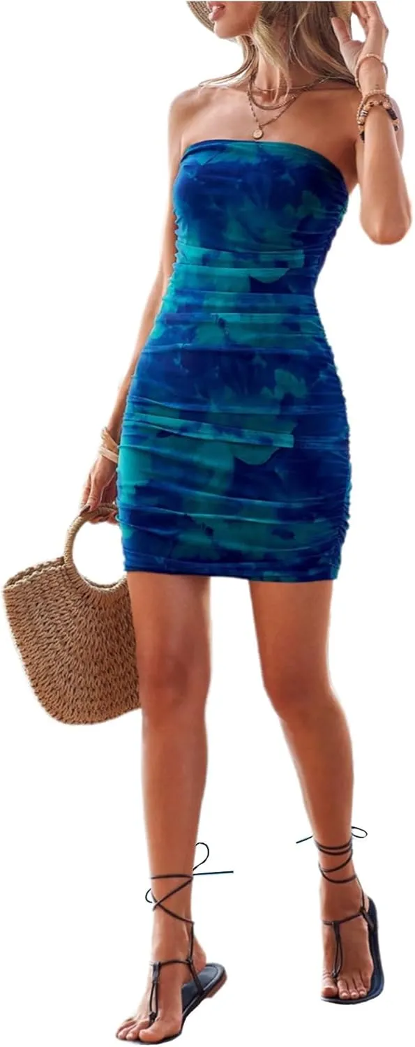 Women's Tie Dye Strapless Backless Bandeau Pencil Dress Knit Mesh Bodycon Tube Dresses Ruched Mini Dress