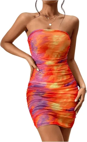 Women's Tie Dye Strapless Backless Bandeau Pencil Dress Knit Mesh Bodycon Tube Dresses Ruched Mini Dress