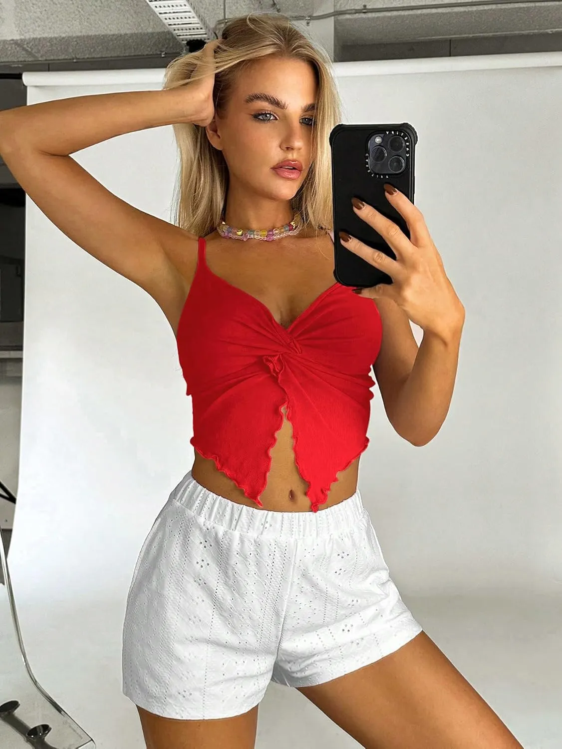 Women's Twist Front Cami Crop Tops Spaghetti Strap Slim Fit Asymmetrical Camisole