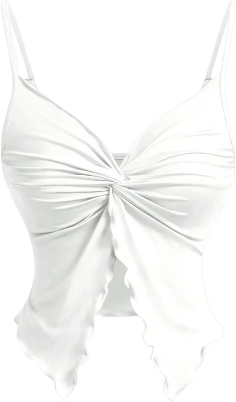 Women's Twist Front Cami Crop Tops Spaghetti Strap Slim Fit Asymmetrical Camisole