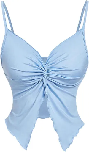 Women's Twist Front Cami Crop Tops Spaghetti Strap Slim Fit Asymmetrical Camisole