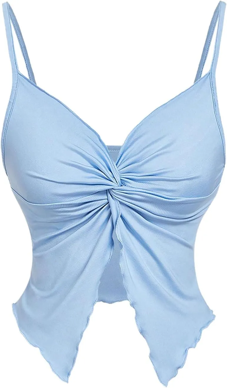 Women's Twist Front Cami Crop Tops Spaghetti Strap Slim Fit Asymmetrical Camisole