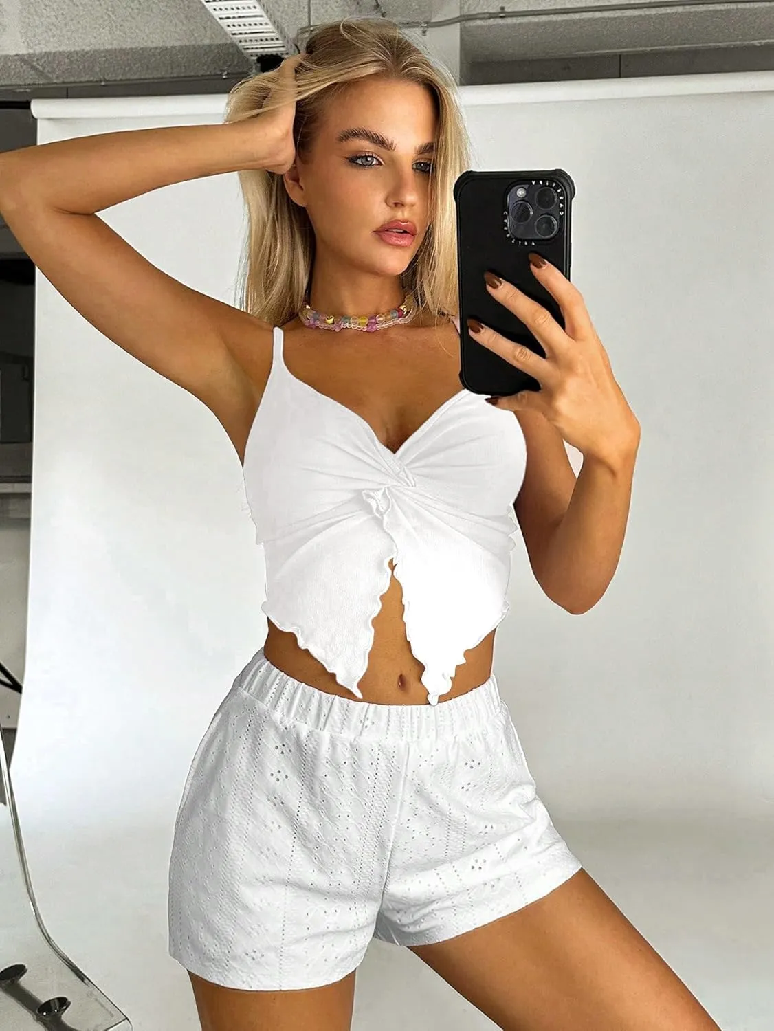 Women's Twist Front Cami Crop Tops Spaghetti Strap Slim Fit Asymmetrical Camisole