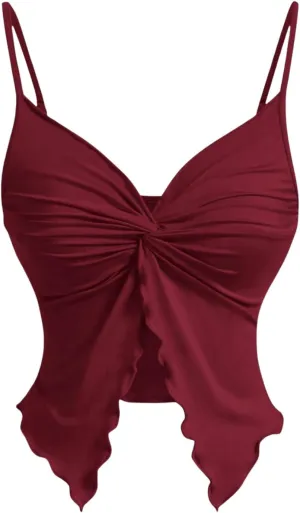 Women's Twist Front Cami Crop Tops Spaghetti Strap Slim Fit Asymmetrical Camisole
