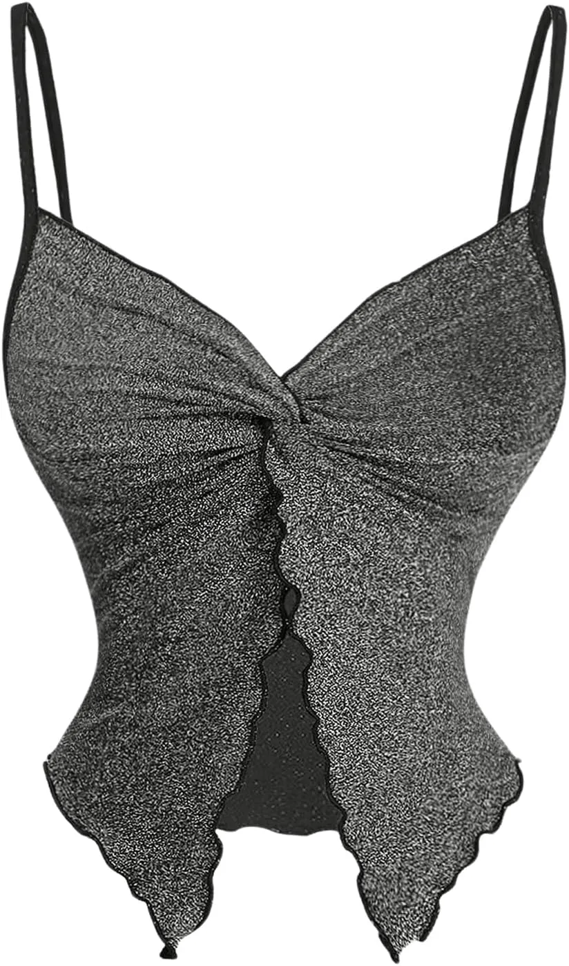 Women's Twist Front Cami Crop Tops Spaghetti Strap Slim Fit Asymmetrical Camisole