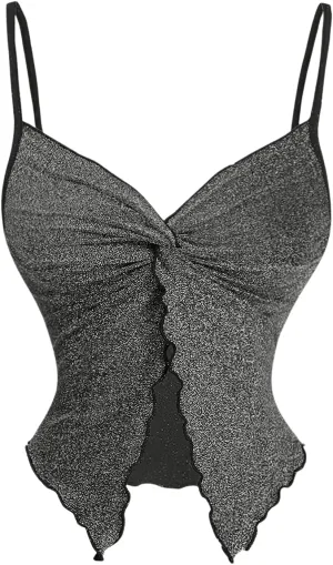 Women's Twist Front Cami Crop Tops Spaghetti Strap Slim Fit Asymmetrical Camisole