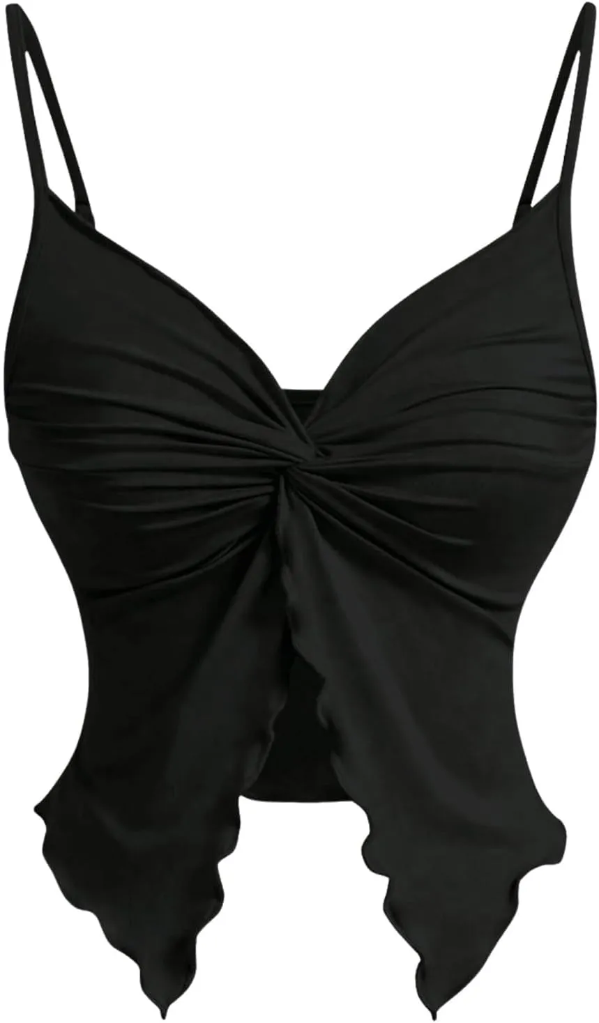 Women's Twist Front Cami Crop Tops Spaghetti Strap Slim Fit Asymmetrical Camisole