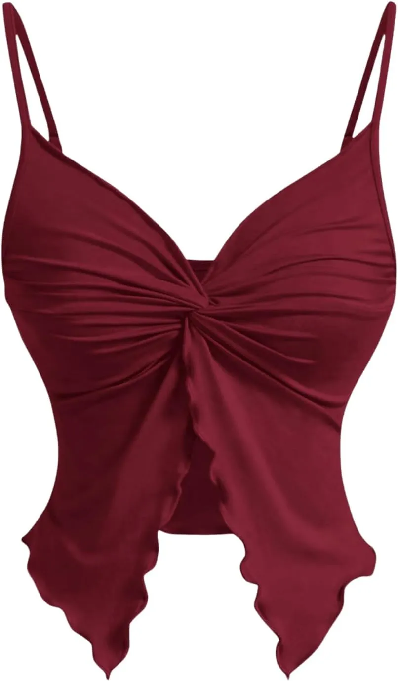 Women's Twist Front Cami Crop Tops Spaghetti Strap Slim Fit Asymmetrical Camisole