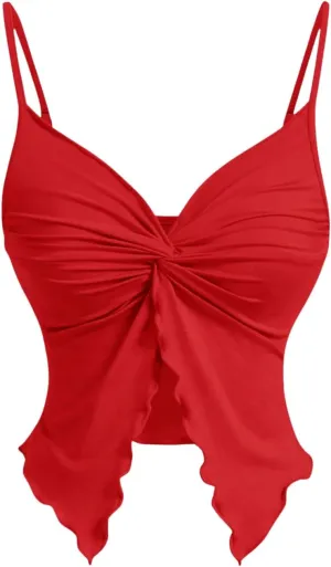 Women's Twist Front Cami Crop Tops Spaghetti Strap Slim Fit Asymmetrical Camisole