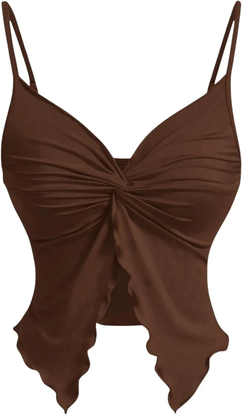 Women's Twist Front Cami Crop Tops Spaghetti Strap Slim Fit Asymmetrical Camisole
