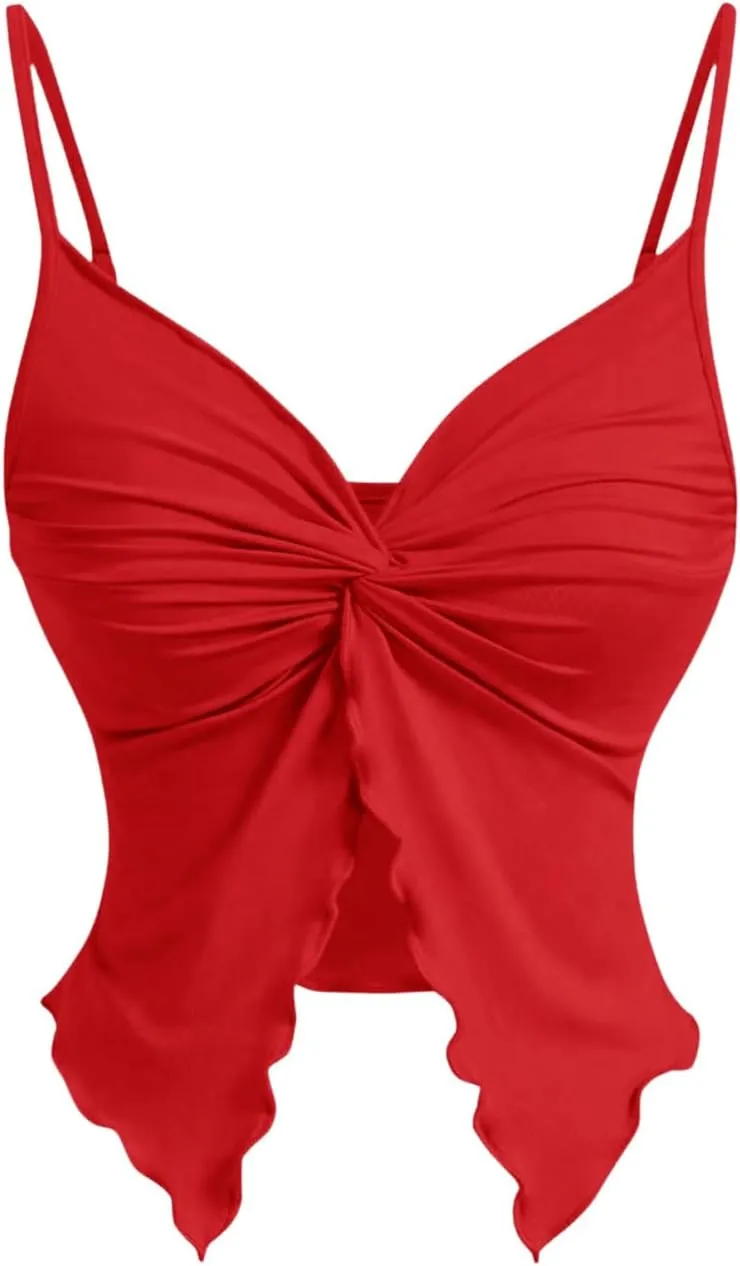 Women's Twist Front Cami Crop Tops Spaghetti Strap Slim Fit Asymmetrical Camisole