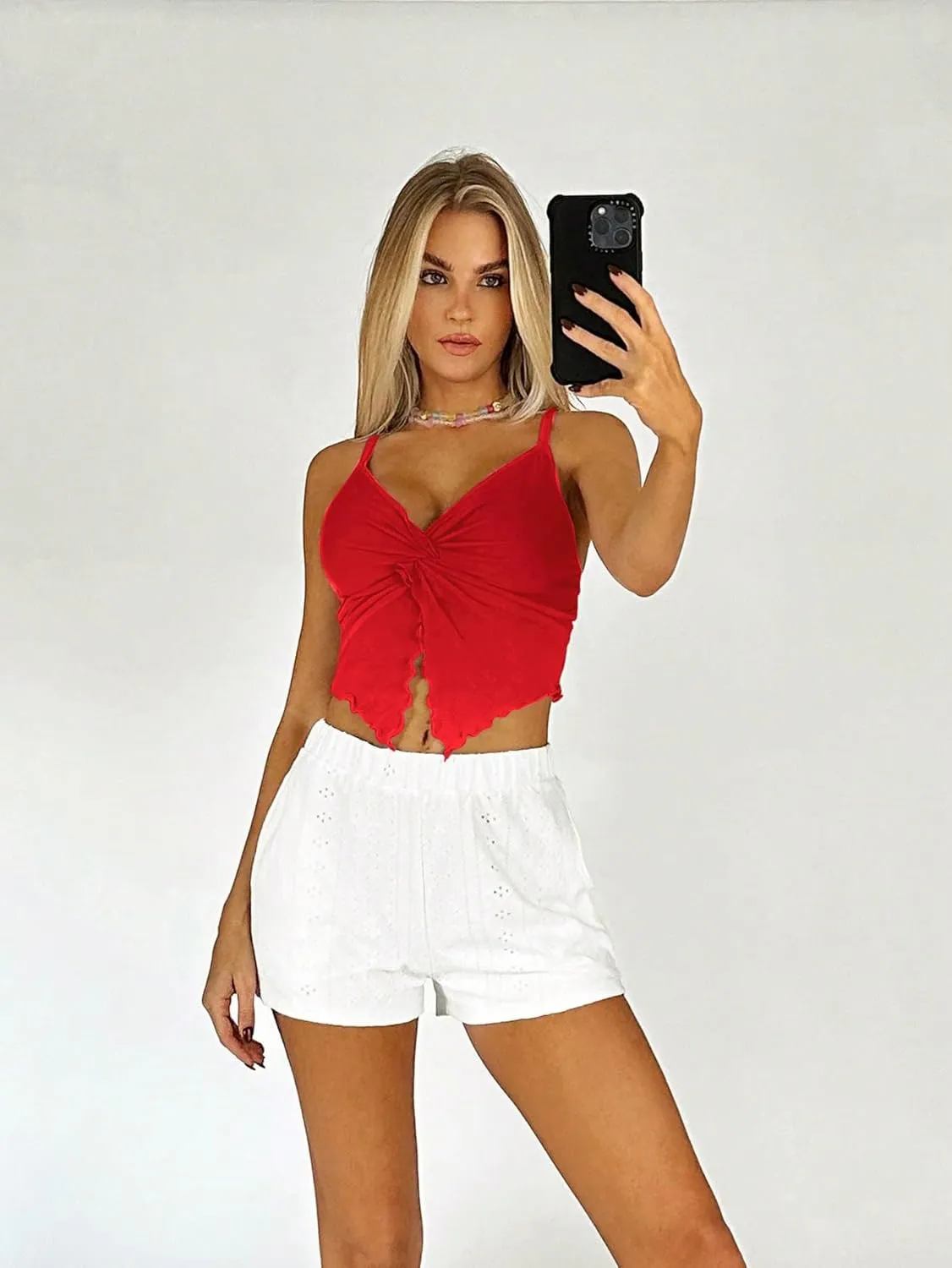 Women's Twist Front Cami Crop Tops Spaghetti Strap Slim Fit Asymmetrical Camisole