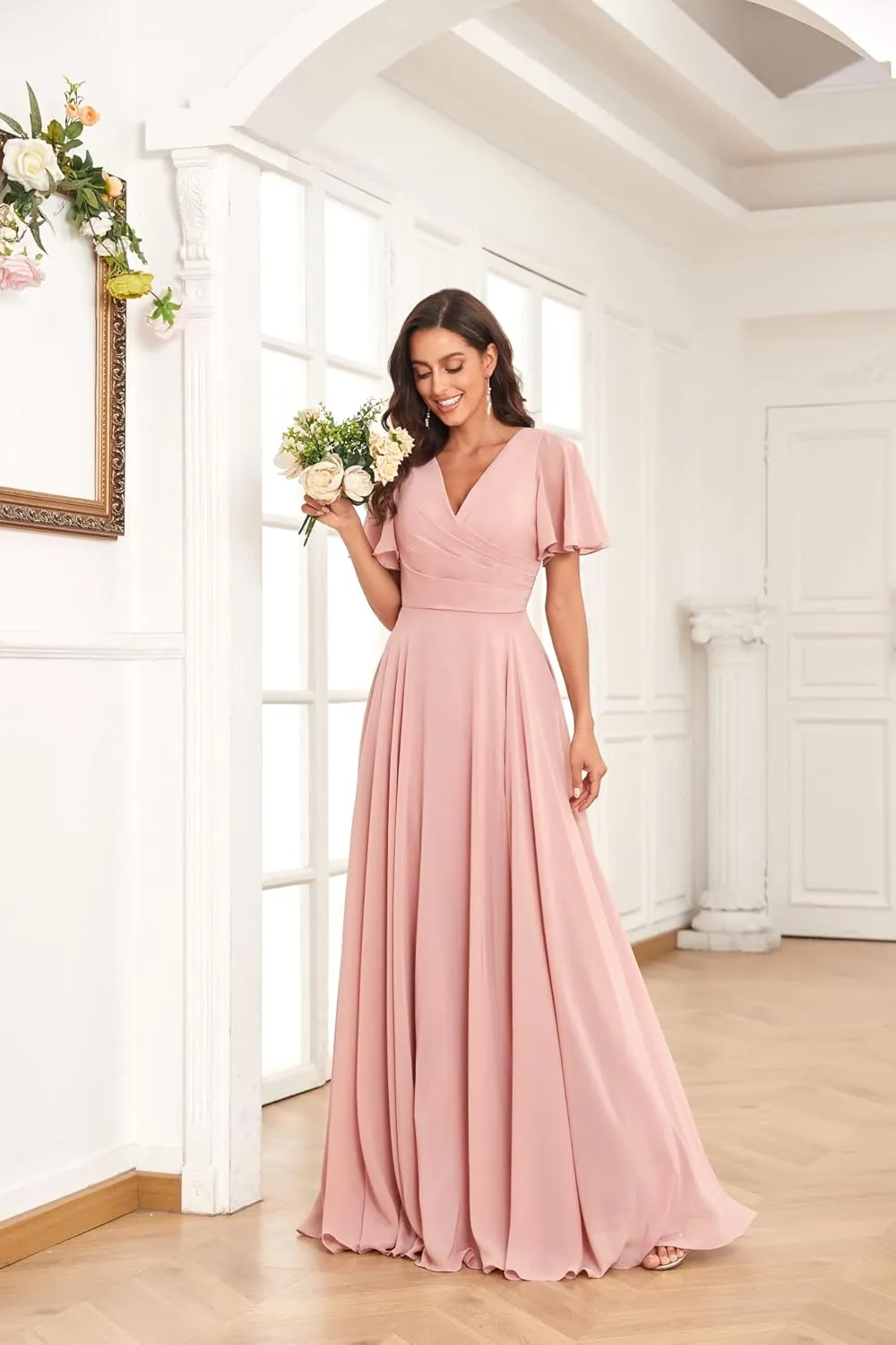 Women's V Neck Bridesmaid Dresses for Wedding with Sleeves Long Chiffon Formal Evening Gown with Pockets