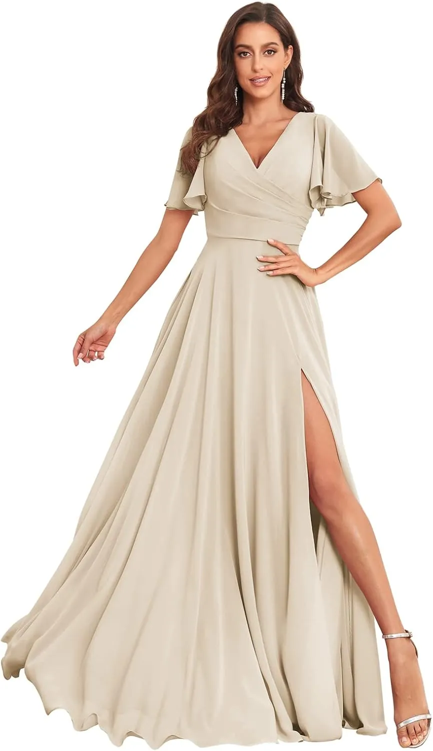 Women's V Neck Bridesmaid Dresses for Wedding with Sleeves Long Chiffon Formal Evening Gown with Pockets