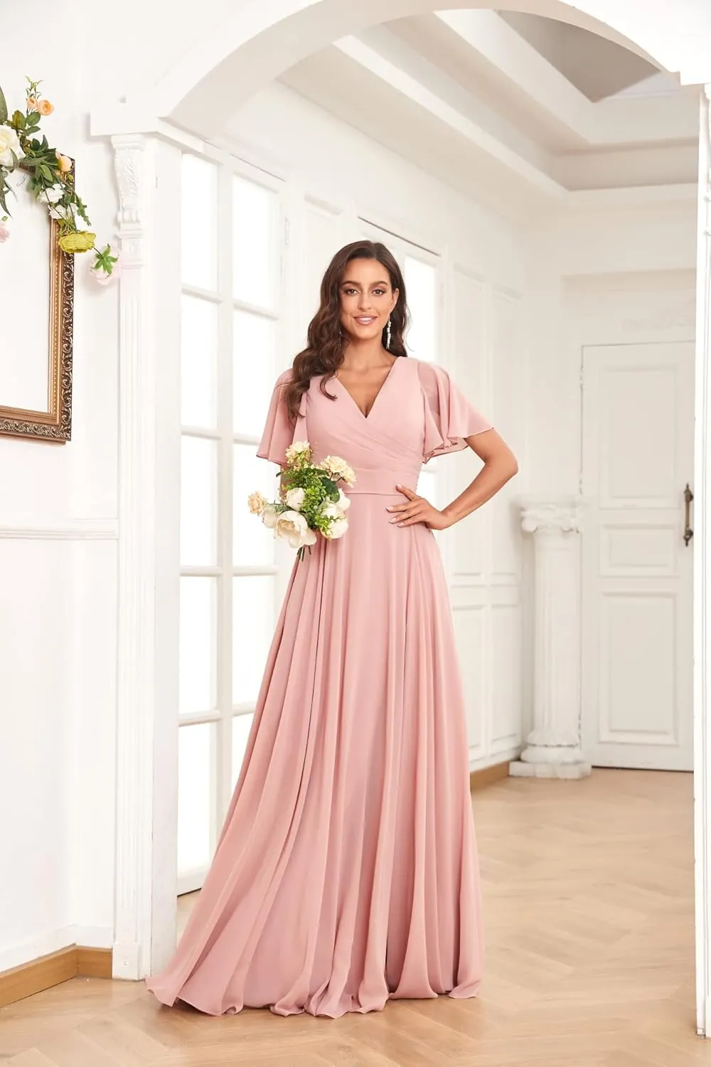 Women's V Neck Bridesmaid Dresses for Wedding with Sleeves Long Chiffon Formal Evening Gown with Pockets